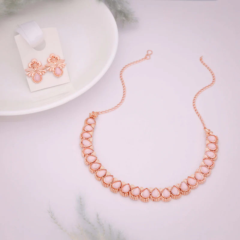 Tehzeeb Creations rose gold polish baby pink colour nacklace with pair of earrings THZ340