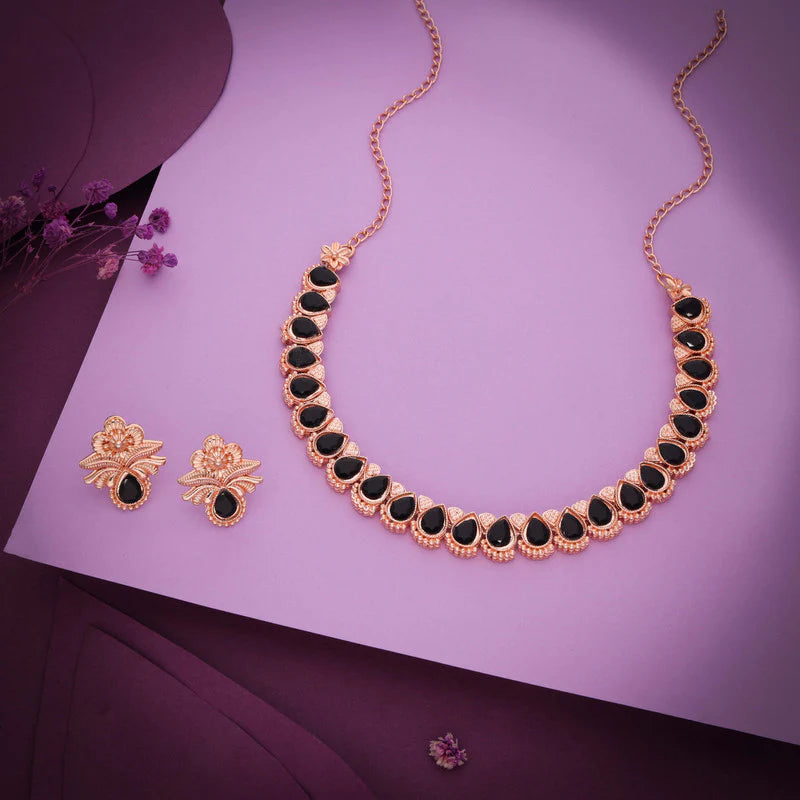 Tehzeeb Creations rose gold polish black colour nacklace with pair of earrings THZ341