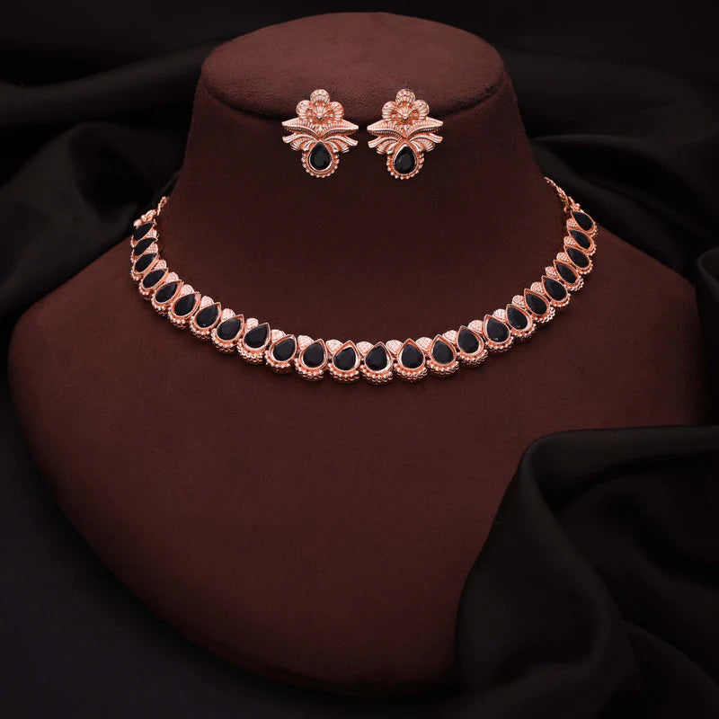 Tehzeeb Creations rose gold polish black colour nacklace with pair of earrings THZ341