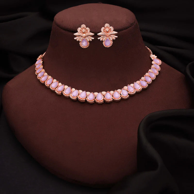 Tehzeeb Creations rose gold polish lavender colour nacklace with pair of earrings THZ342