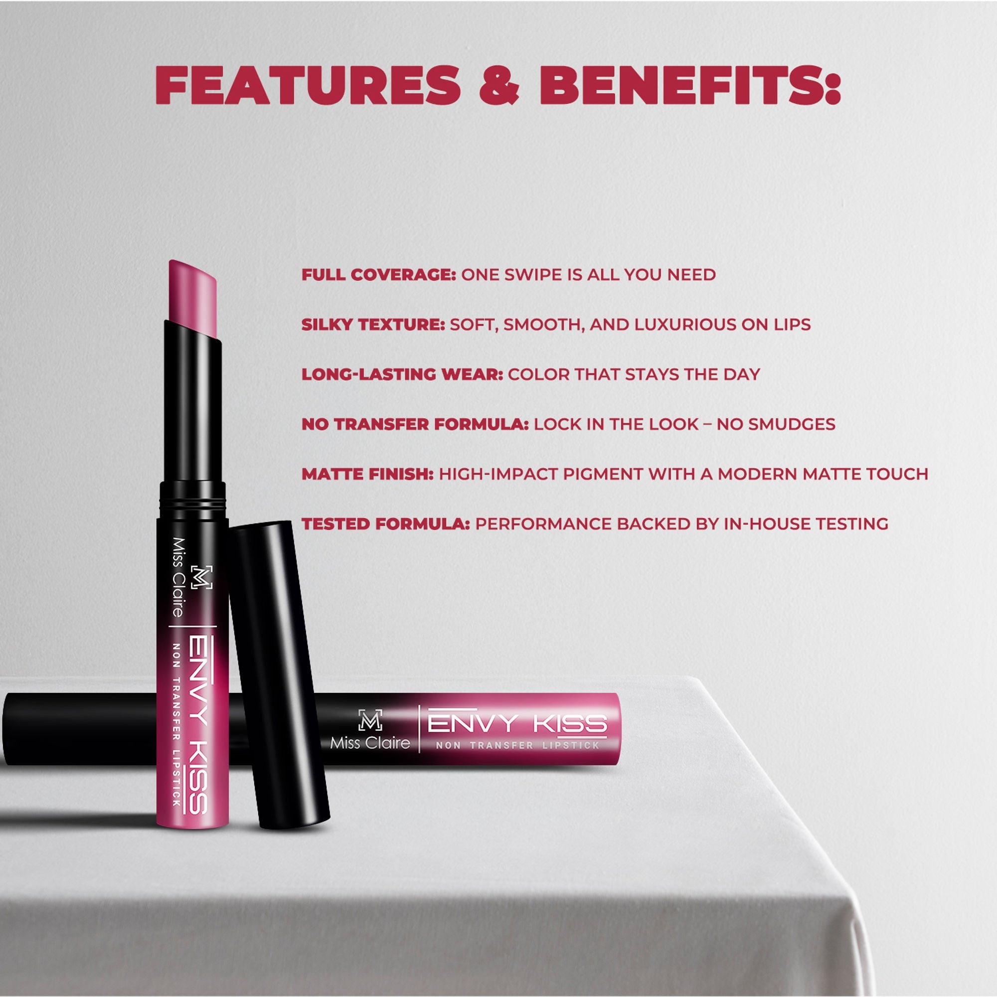 Miss Claire Envy Kiss Non Transfer Lipstick - 06 Pink Crush