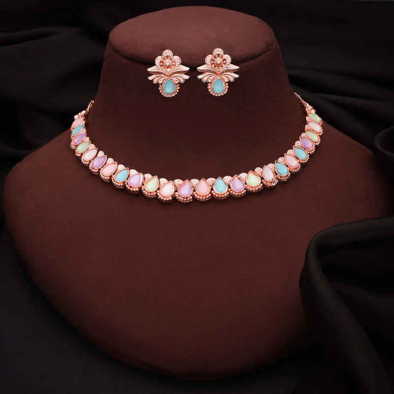 Tehzeeb Creations rose gold polish multy colour nacklace with pair of earrings THZ343