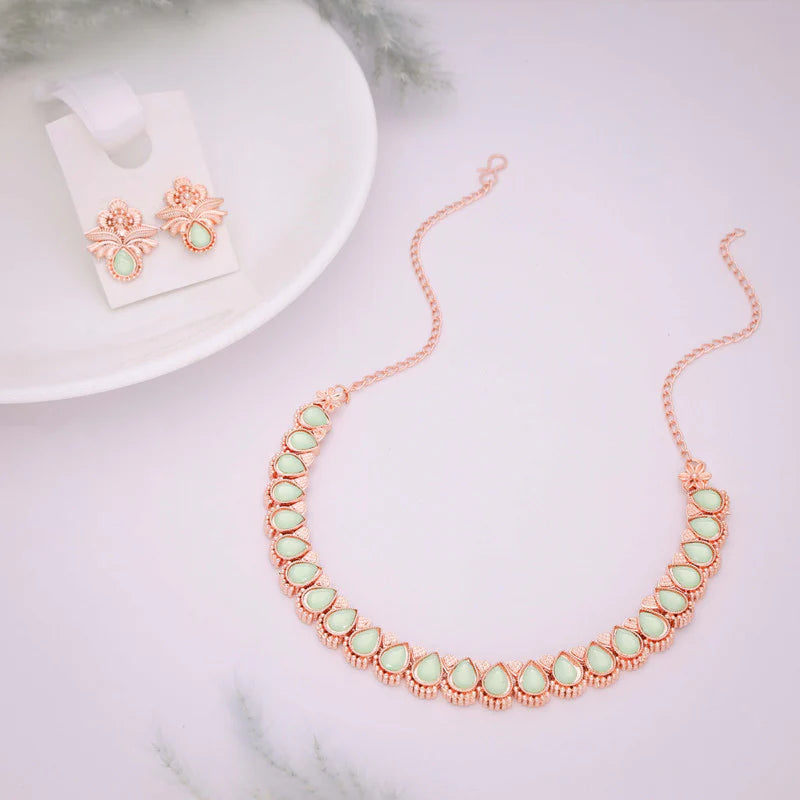 Tehzeeb Creations rose gold polish sea green colour nacklace with pair of earrings THZ344