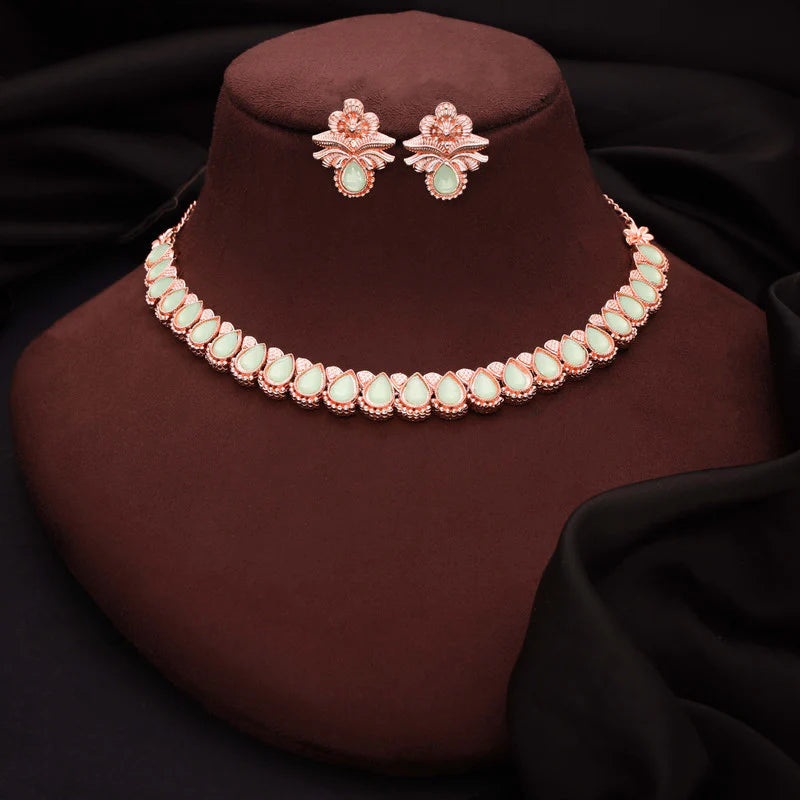 Tehzeeb Creations rose gold polish sea green colour nacklace with pair of earrings THZ344