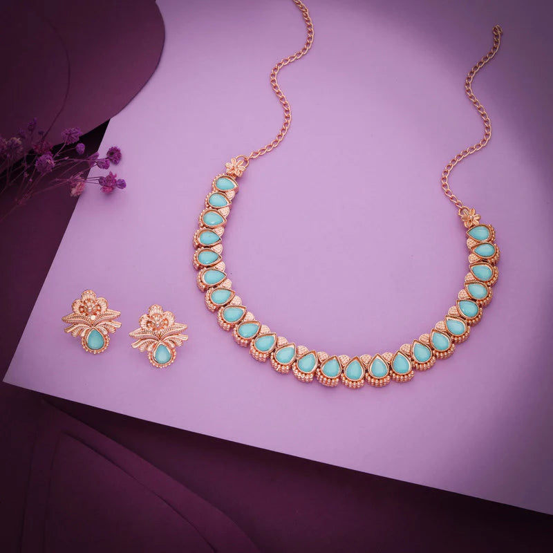 Tehzeeb Creations rose gold polish sky blue colour nacklace with pair of earrings THZ345