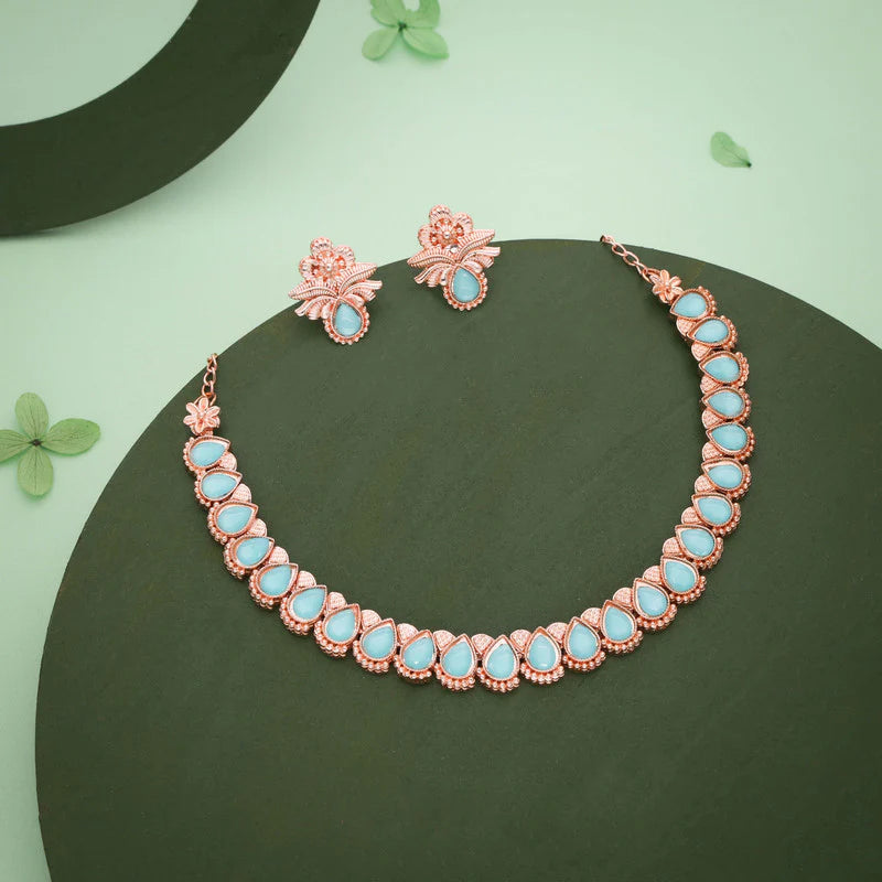Tehzeeb Creations rose gold polish sky blue colour nacklace with pair of earrings THZ345