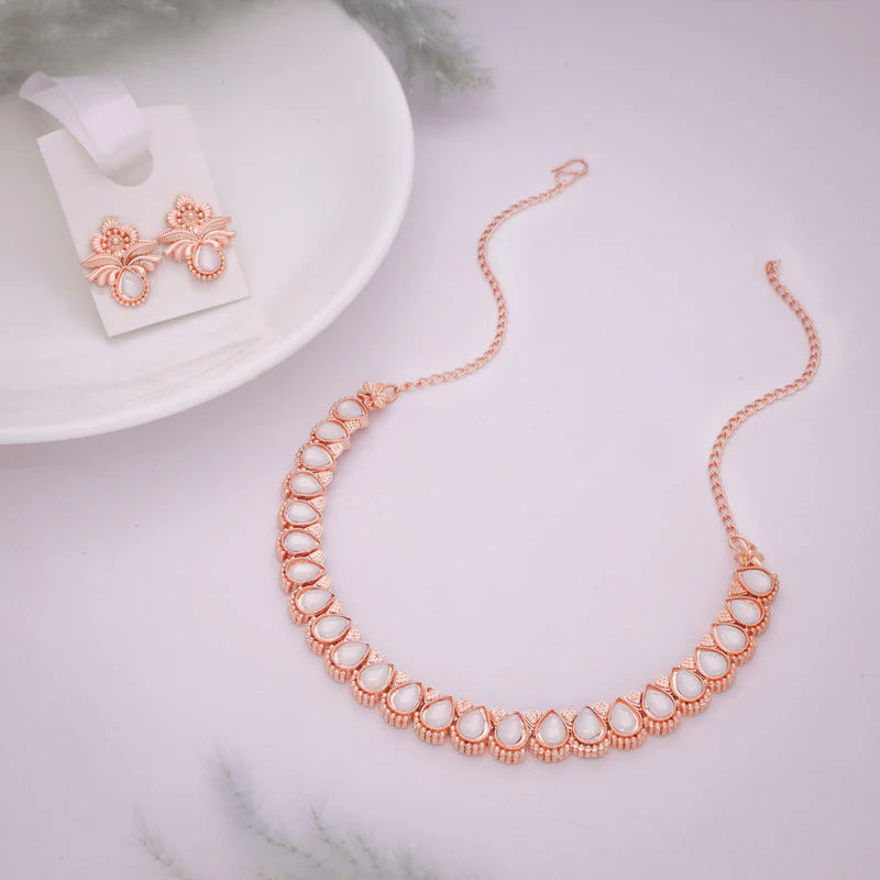 Tehzeeb Creations rose gold polish white colour nacklace with pair of earrings THZ346