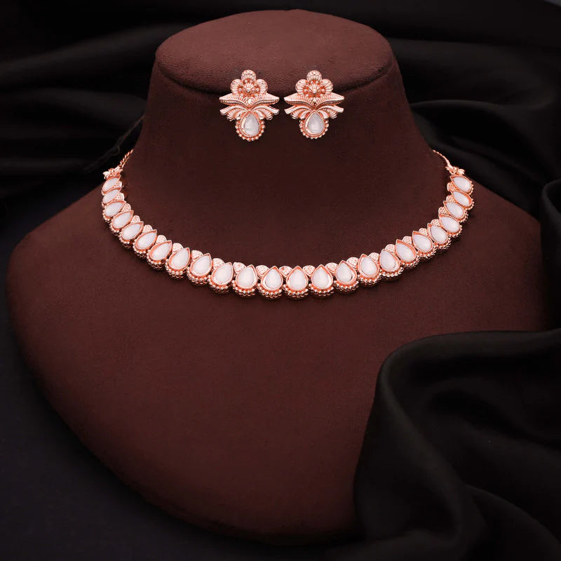 Tehzeeb Creations rose gold polish white colour nacklace with pair of earrings THZ346