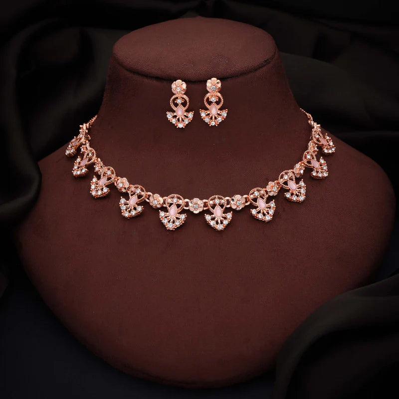 Tehzeeb Creation gold pleated baby pink colour nacklace with earrings THZ347