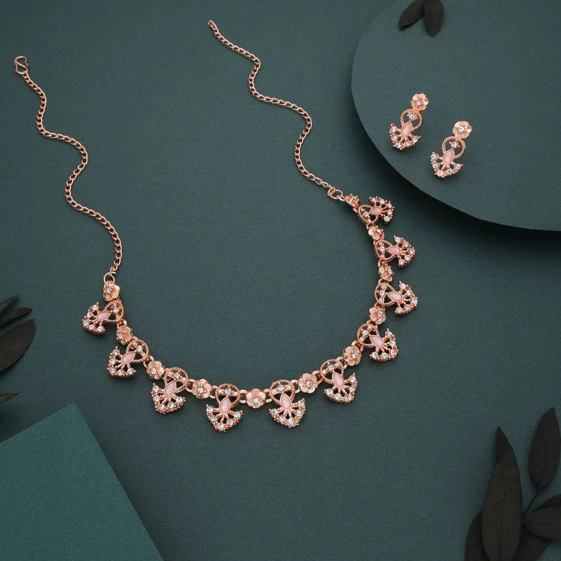 Tehzeeb Creation gold pleated baby pink colour nacklace with earrings THZ347