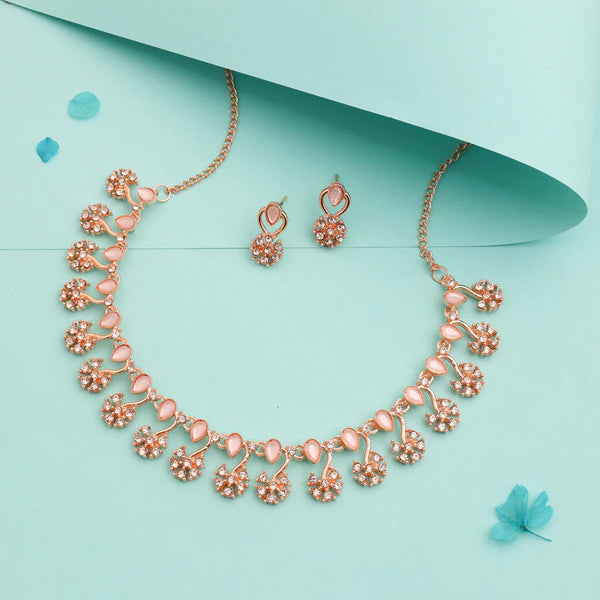 Tehzeeb Creation rose gold pleated baby pink choker nacklace with dangle earrings THZ351