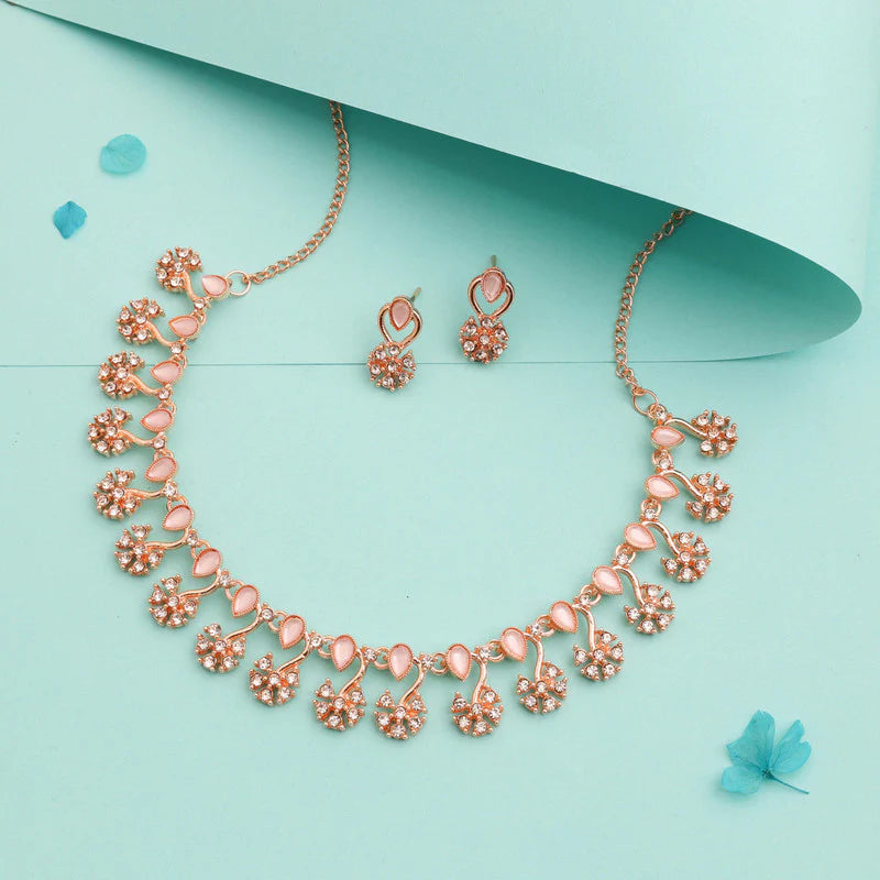 Tehzeeb Creation rose gold pleated baby pink choker nacklace with dangle earrings THZ267