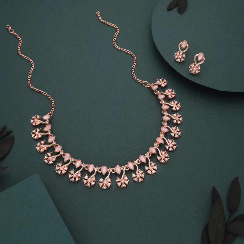 Tehzeeb Creation rose gold pleated baby pink choker nacklace with dangle earrings THZ351