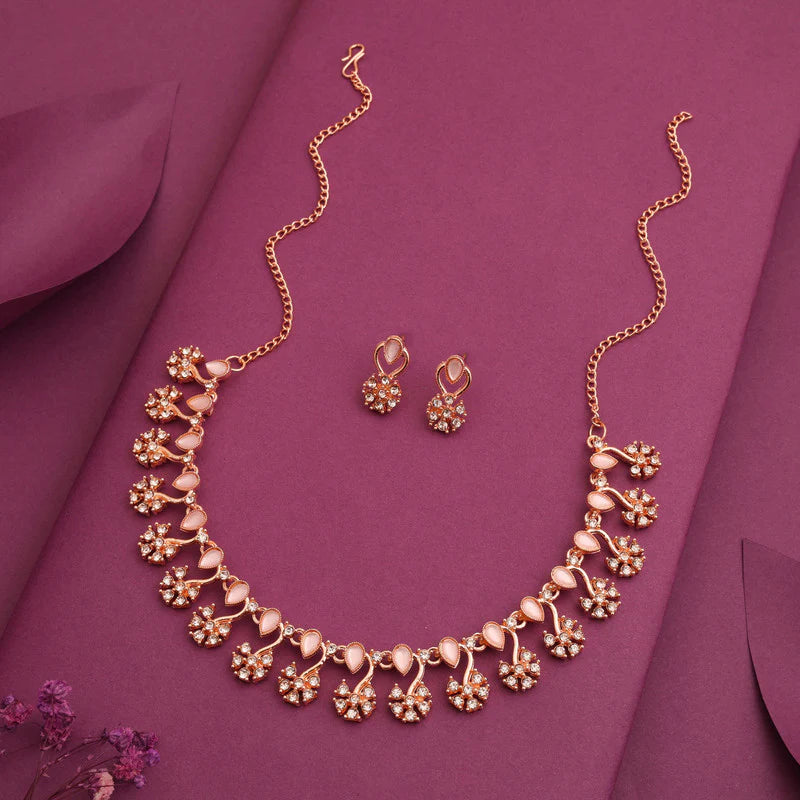 Tehzeeb Creation rose gold pleated baby pink choker nacklace with dangle earrings THZ351