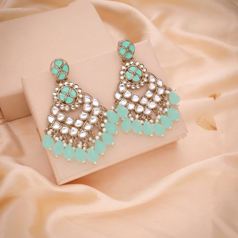 Tehzeeb Creation gold polish kundan sea green colour earrings THZ357