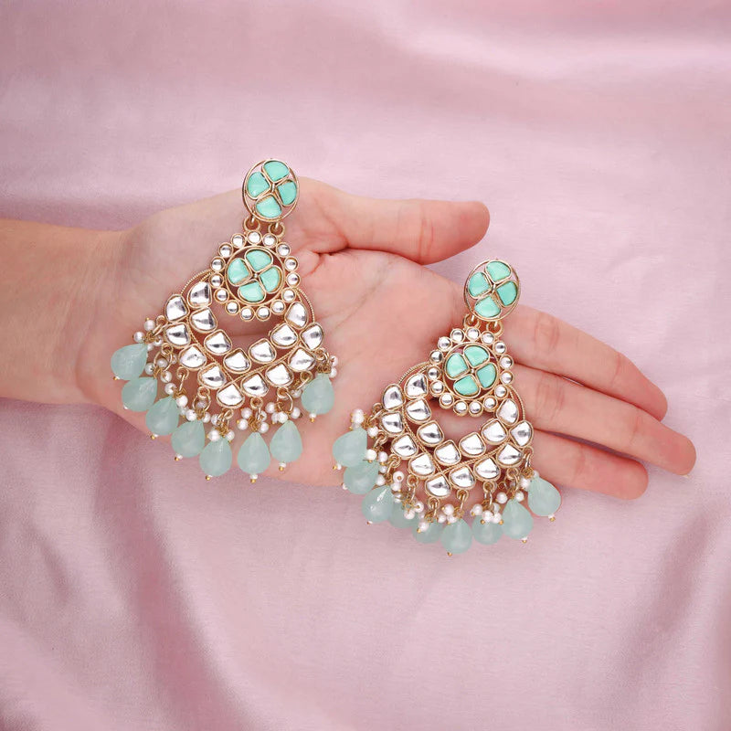 Tehzeeb Creation gold polish kundan sea green colour earrings THZ357