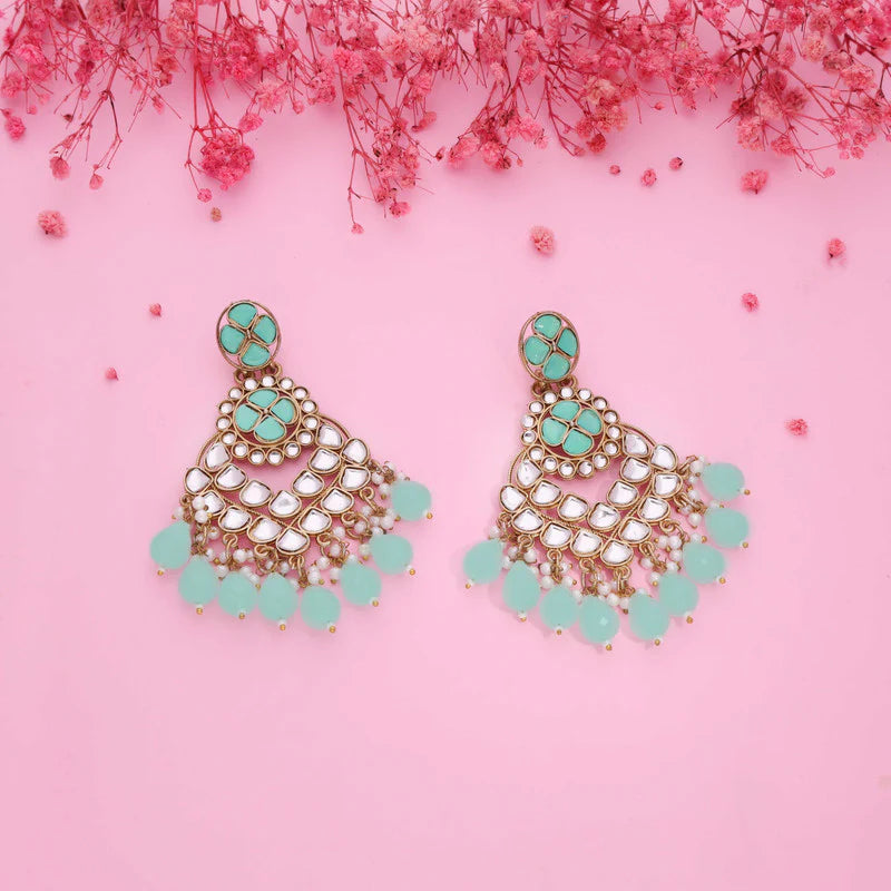 Tehzeeb Creation gold polish kundan sea green colour earrings THZ357