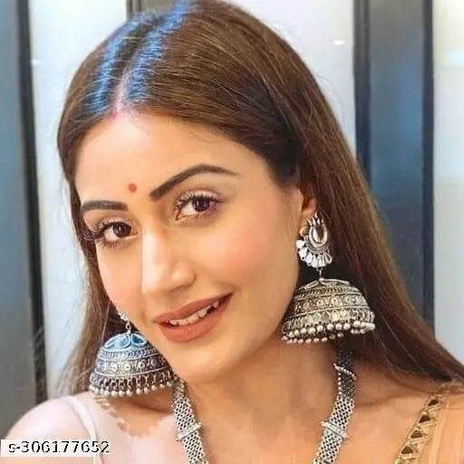 WOMENS SILVER COLOUR OXIDISED EARRINGS WITH MIRROR WORK  THZ035