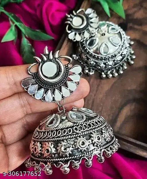 WOMENS SILVER COLOUR OXIDISED EARRINGS WITH MIRROR WORK  THZ035