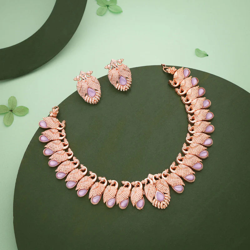 Tehzeeb Creation rose gold lavender colour nacklace with pair of earrings THZ366