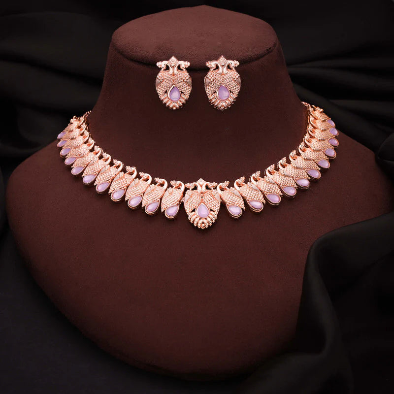 Tehzeeb Creation rose gold lavender colour nacklace with pair of earrings THZ366