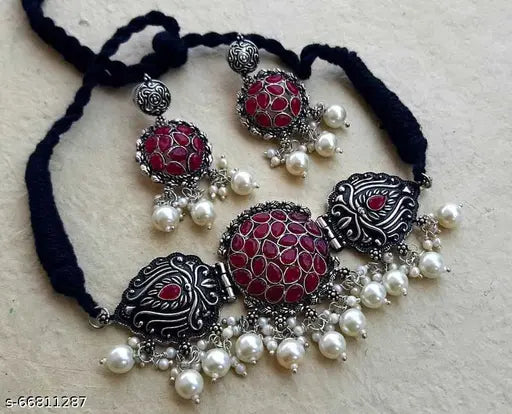 WOMENS MAROON COLOUR MINAKARI NACKLACE SET WITH WHITE PEARL   THZ036