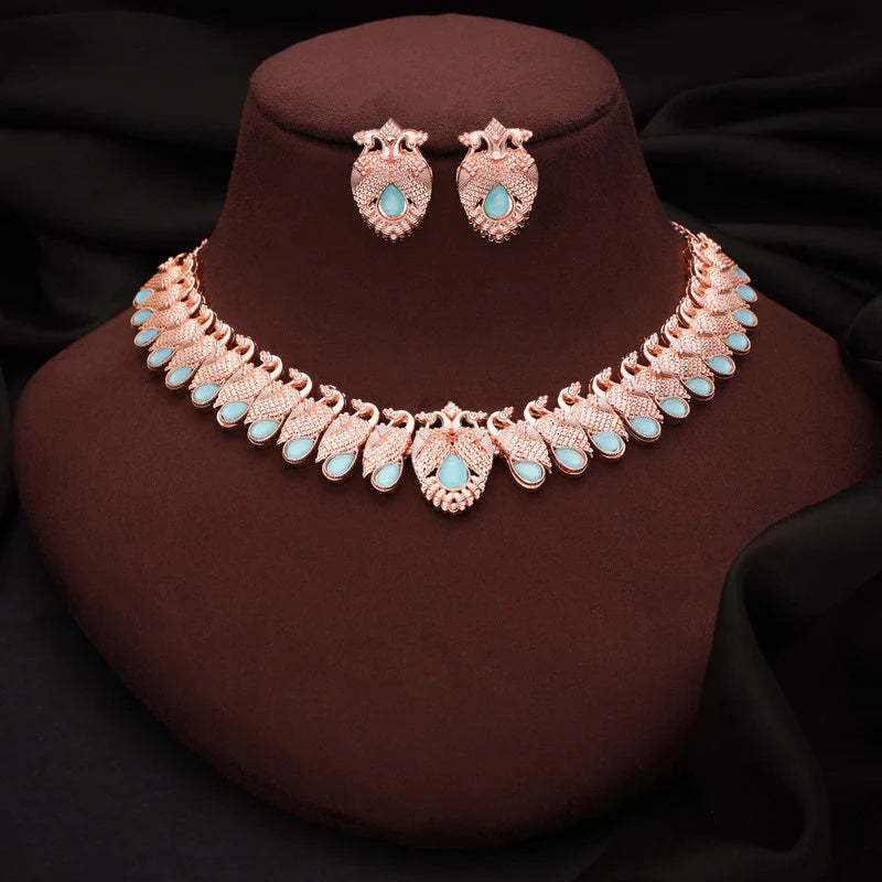Tehzeeb Creation rose gold sky blue colour nacklace with pair of earrings THZ370