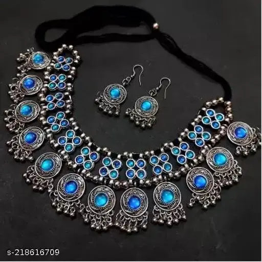 WOMENS SILVER COLOUR OXIDISED NACKLACE SET WITH MINAKARI WORK   THZ039