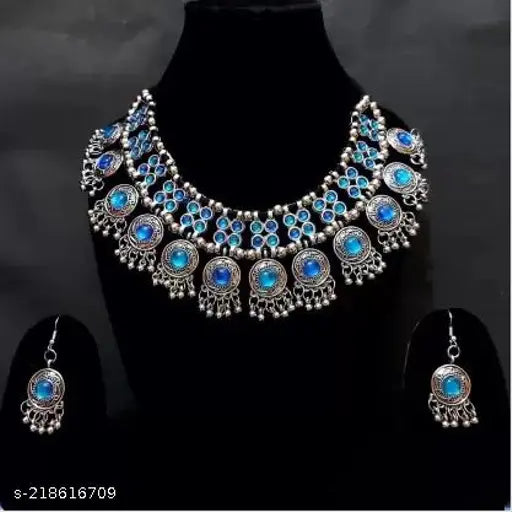 WOMENS SILVER COLOUR OXIDISED NACKLACE SET WITH MINAKARI WORK   THZ039