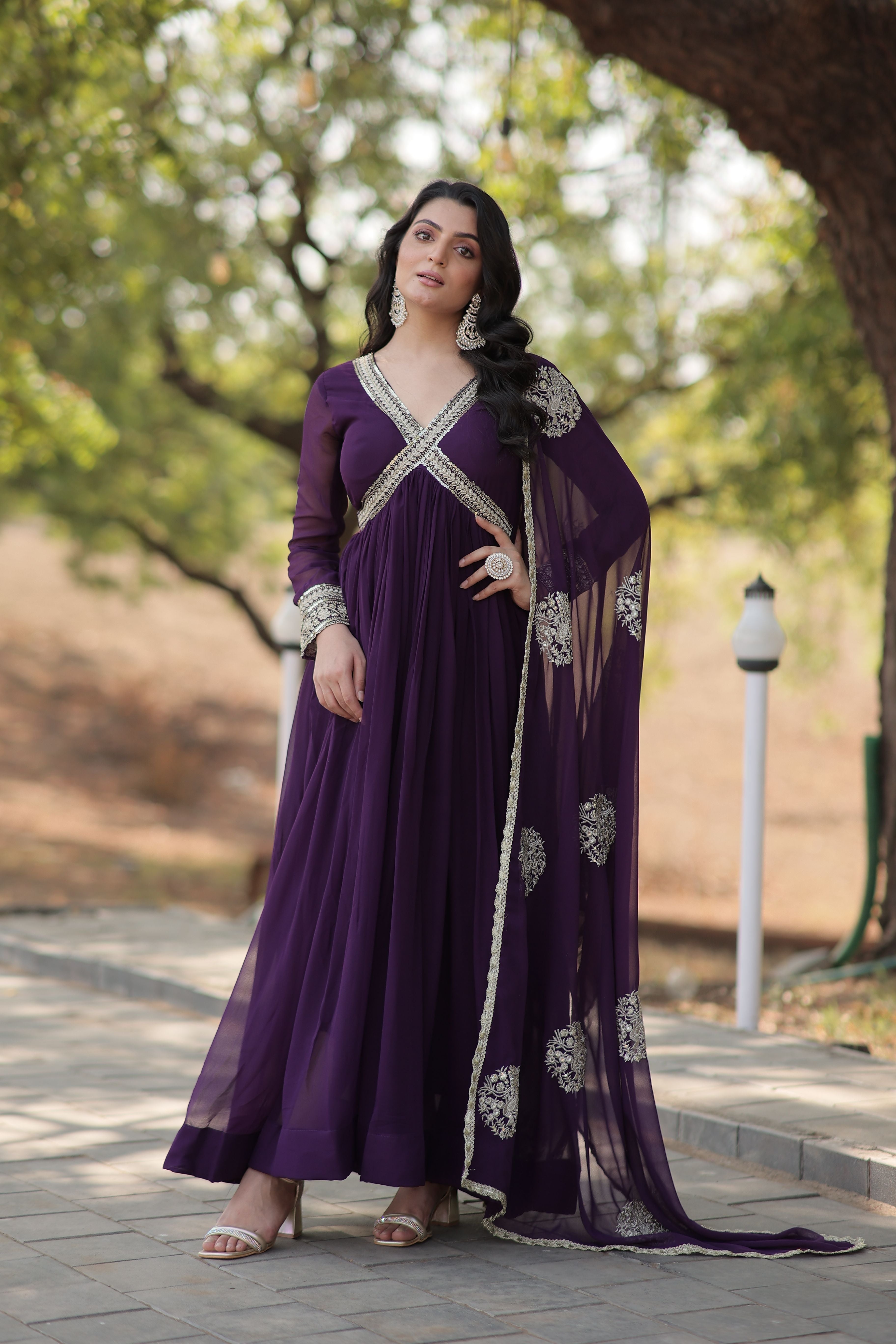 Aastha Purple with Gown Blooming Faux Georgette Embroidery Zari Sequins-work