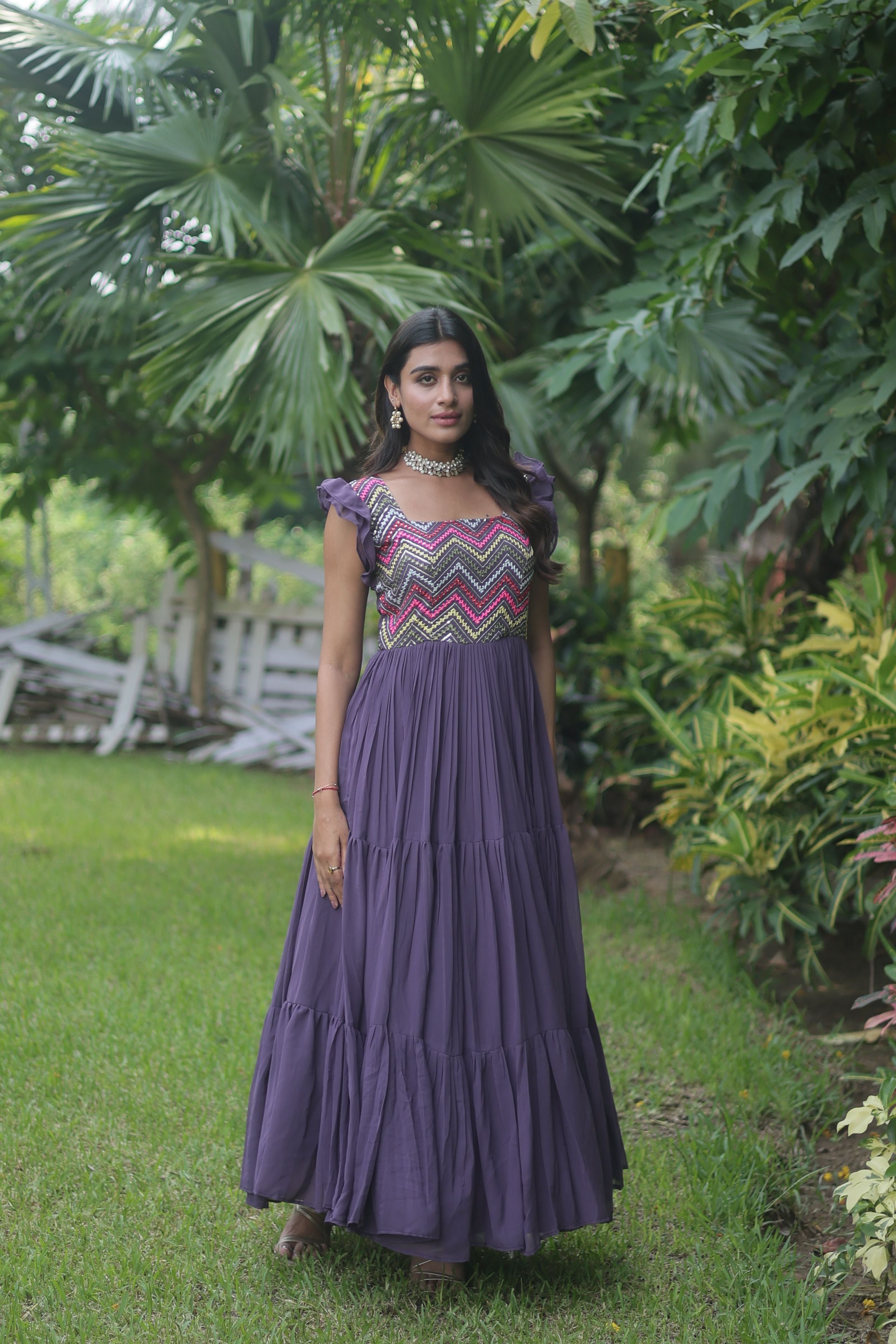 Aastha Purple Faux Blooming Russian Silk with Gown Embroidered Work