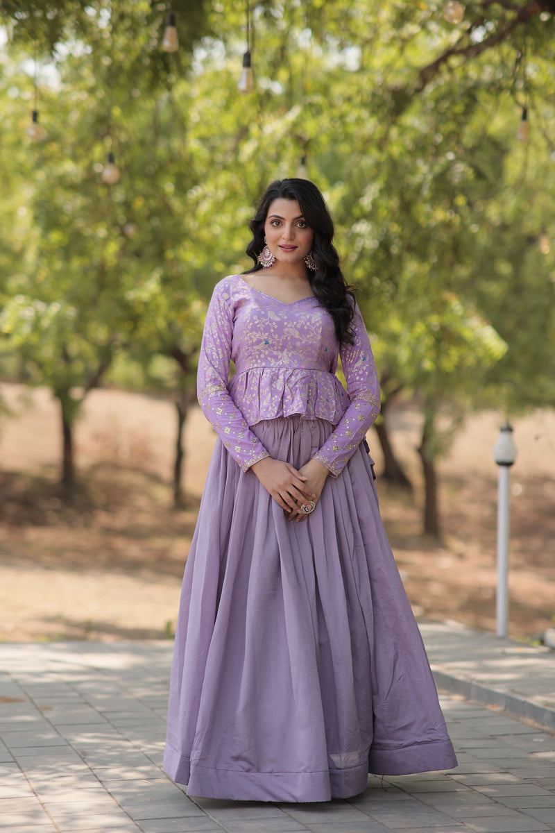 Aastha fashion  Lavender Shimmer Vichitra Lehenga  Viscose Jacquard  blouse fabric embroidery work
