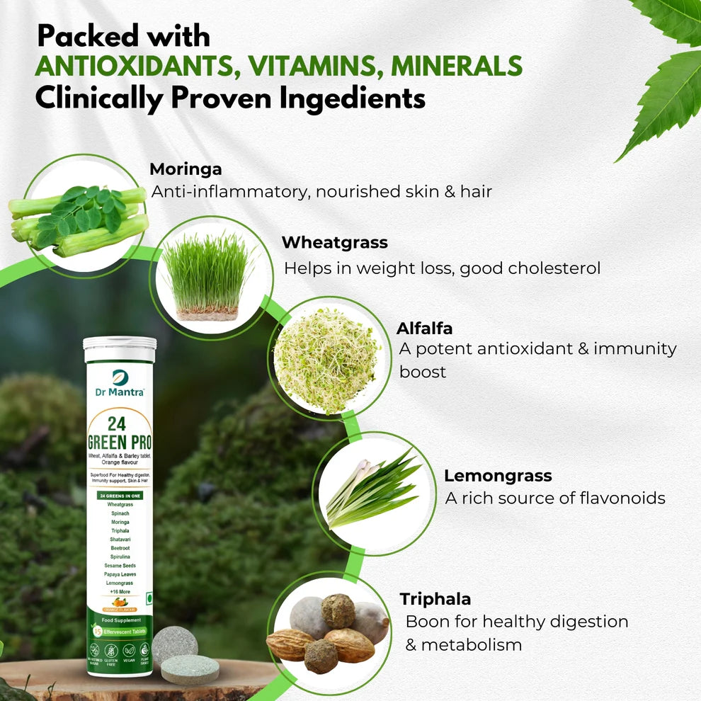 Dr Mantra 24 Green Pro Effervescent Tablets for Daily Metabolism| 15 Tablets