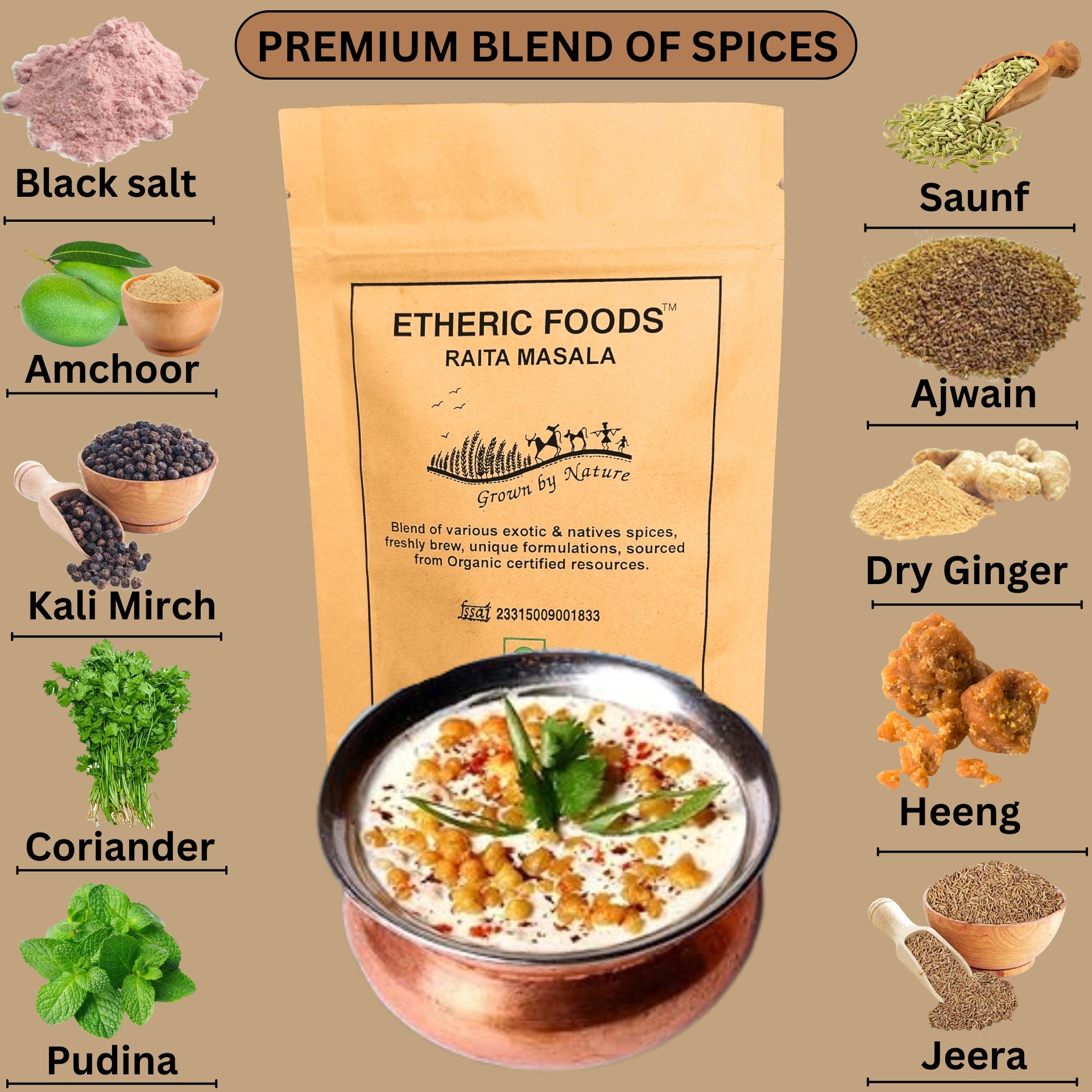 Etheric Foods  Pure Organic Raita & Dahi Vada Masala (Twin Pack) Jeera  Infused Authentic Traditional  Masala Seasoning Mix Powder, No Preservatives | Chaas / Buttermilk Masala (2X100= 200 gms)