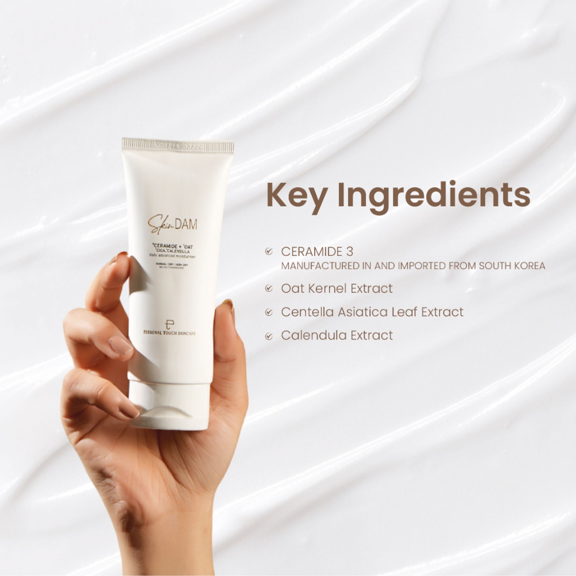 Personal Touch Skincare SkinDam Korean Moisturizer With Ceramide 3, Oat, Calendula & Centella For Dry Skin