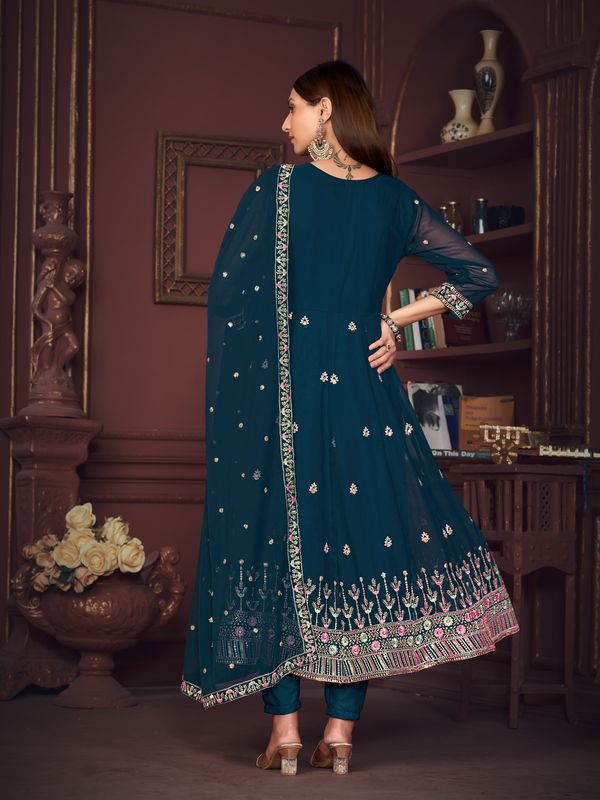 Aastha Turquoise Blue with Net top fabric Santoon Net Bottom fabric