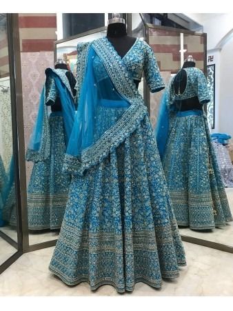Aastha fashion teal japan stain lehanga blouse fabric embroidery work