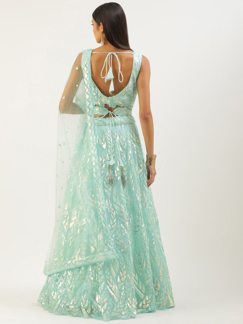 Aastha fashion Blue Soft net lehanga blouse fabric Multiple Sequins, Thread Embroidery Work