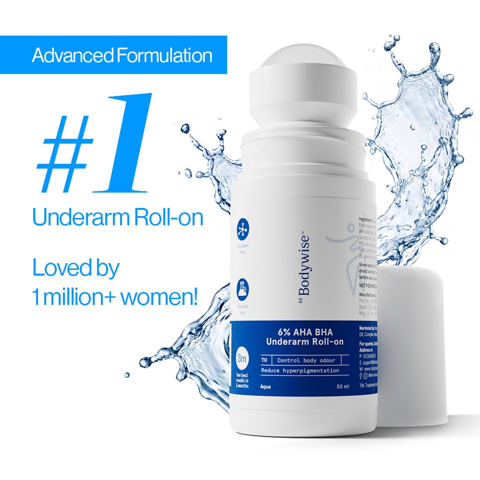 BeBodywise 6% AHA BHA Underarm Roll On - Advanced Formulation For Pigmentation & Odour Control-Aqua