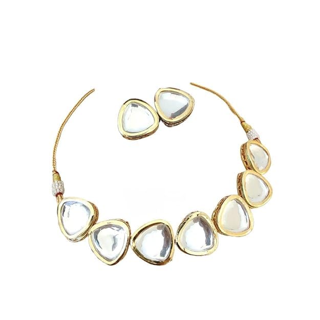 Tehzeeb Creation Meenakari 18K Gold plated White color pentagon shape Uncut Kundan Combo Necklace Set For Girl's & Women THZ441