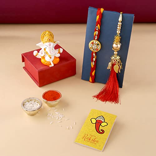 Rakhi Gift for Brother Bhabhi with Showpiece Combo Gift- Kundan Rakhi, Red Floral Lumba Rakhi for Brother Bhabhi with Figurine