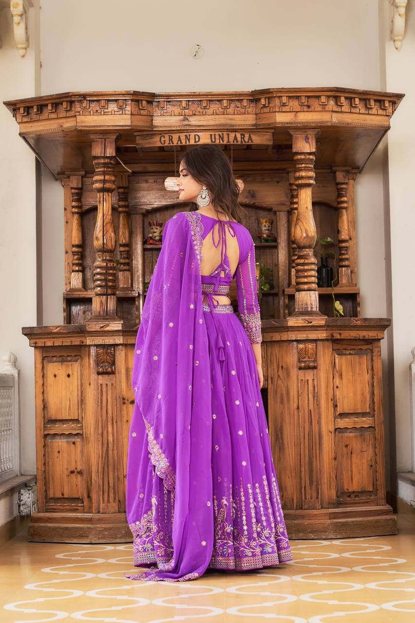 Aastha fashion Purple Fox Georgette lehanga blouse fabric Embroidery 7mm multi Sequence Work with belt