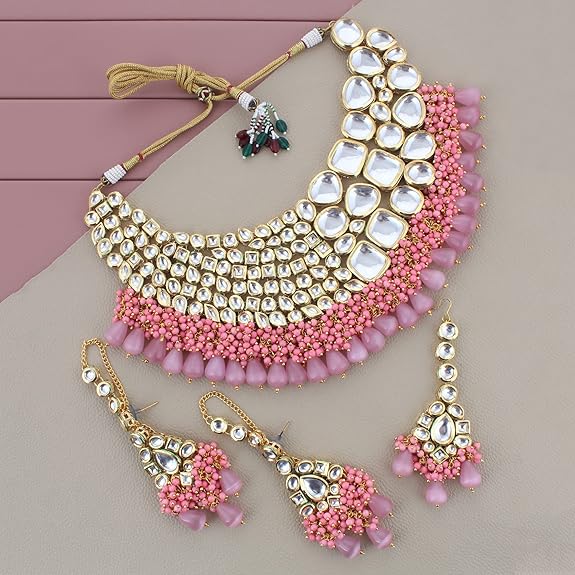 Tehzeeb Creation Meenakari 18K Gold plated Pink color Uncut dibbi Kundan Combo Necklace Set THZ443
