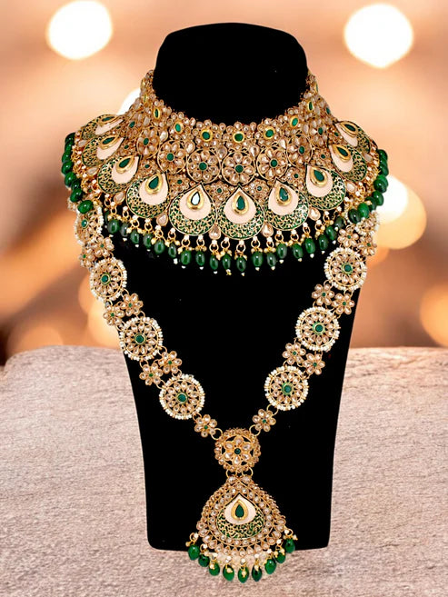 Tehzeeb Creation Traditional Designer Kundan Stone Green Meenakari Choker Bridal Set THZ394