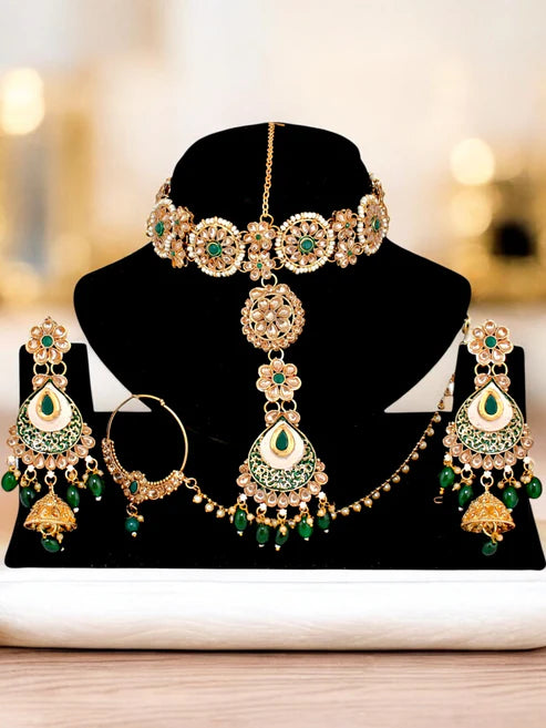 Tehzeeb Creation Traditional Designer Kundan Stone Green Meenakari Choker Bridal Set THZ392