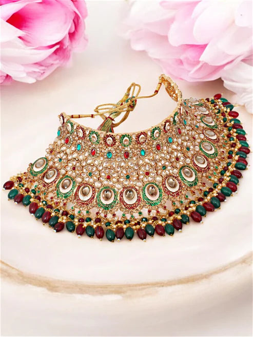 Tehzeeb Creation Traditional Designer Kundan Stone Maroon and Green Meenakari Choker Bridal Set THZ390