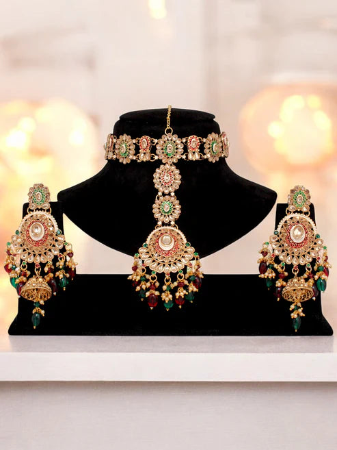 Tehzeeb Creation Traditional Designer Kundan Stone Maroon and Green Meenakari Choker Bridal Set THZ390