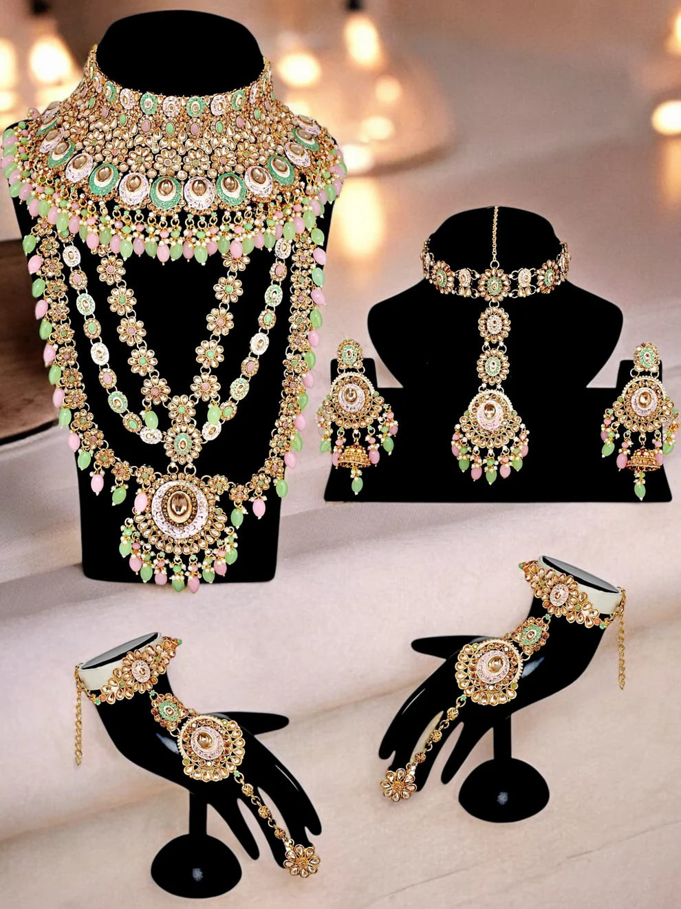 Tehzeeb Creation Traditional Designer Kundan Stone Pink and Mint Meenakari Choker Bridal Set THZ389