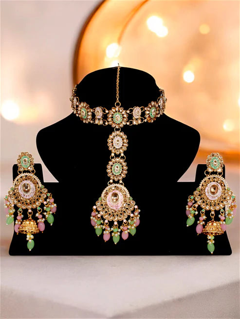 Tehzeeb Creation Traditional Designer Kundan Stone Pink and Mint Meenakari Choker Bridal Set THZ389