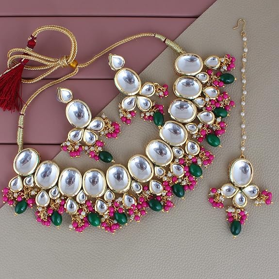 Tehzeeb Creation Back Meenakari 18k Gold Plated Multi Color Tika Earring Combo Uncut Big Faux Kundan Choker Necklace set THZ446